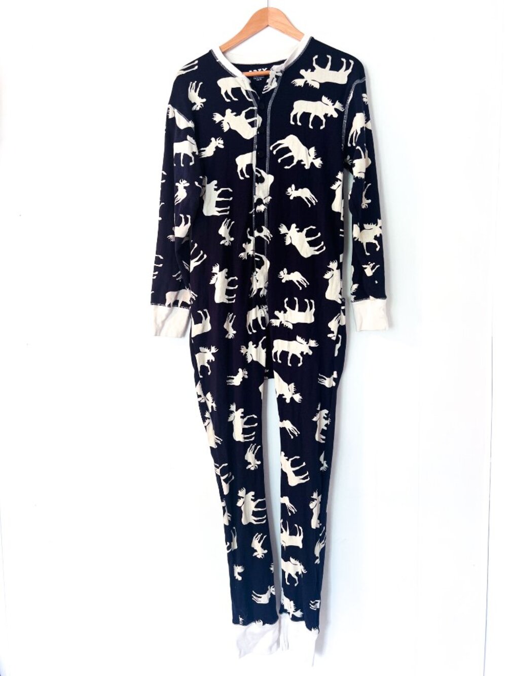 Lazy One Adult Unisex Classic Moose FlapJack Onesie Pajamas Navy Blue Tan Medium - Picture 2 of 10
